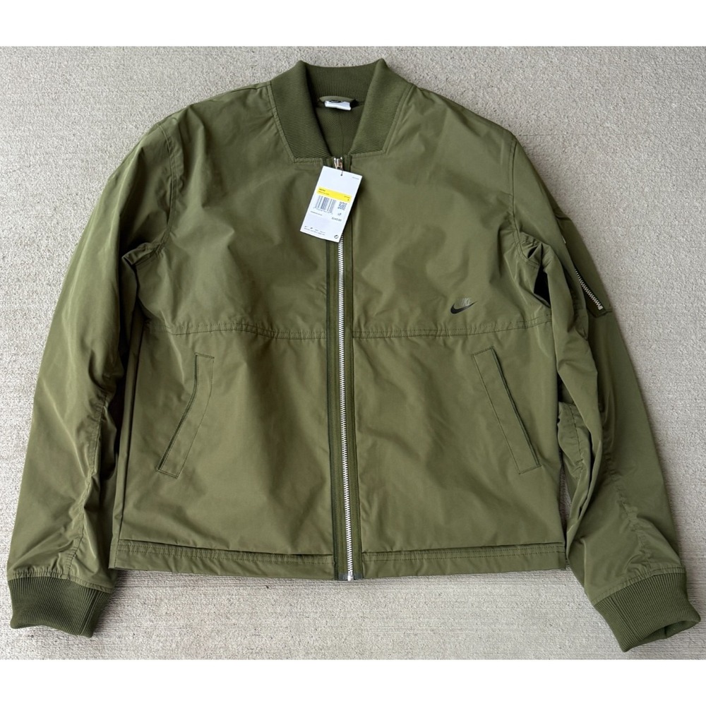 Nike Sportswear Mens Essentials Bomber Jacket Olive Green Lined Full Zip‎ Size S